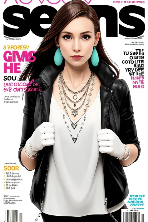 magazine scan,(magazine cover:1.2), cover text, text,( magatama necklace:1.1), wlop, 1girl, black gloves, black open jacket, character request, commentary, earrings, double v, jewelry, long hair, looking down, perfect flowing hair, solo, <hypernet:randy:1>