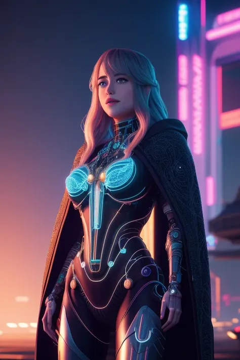 film still of Dakota Johnson, flowing long hair, hero shot, elven princess, voluptuous, delicate lace, neon filigree, charismatic cloak, soft lighting, small breasts, unreal engine 5, photography, 35mm 1.4, summicron, fuji, photography, ((cybernetic)), (shiny skin), inspired by Marek Okon, digital art, in style of beeple, video game avatar, masterpiece, (highres:1.1), best quality, (masterpiece:1.3), intricate (high detail:1.2), highres, 8k wallpaper, cinematic, 4k, (illustration:1.1), (extremely detailed CG unity 8k wallpaper:1.1)