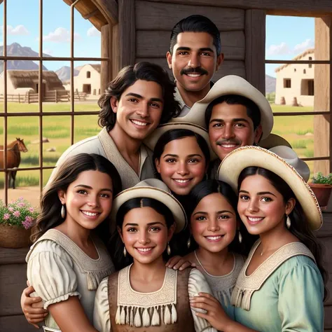 style of a realistic painting, a group of (1740s Mexican ranchers) dancing with each other in a (adobe style ranch house), inspired by jessica rossier, richly detailed, morning detail, procreate 2 0 2 2, smiles, inside, different faces, different skin colors, different hair styles, dreamy and detailed, by Alexander Litovchenko, kittens, family each with different faces, superb detail 8k, realistic cute painting, portrait, smiling!! fantasy, photo-realism, soft blush, in style of atey ghailan, innocence, smiling sweetly, rays of sunlight filtered through the window, symmetrical eyes, human faces, highly detail eyes, highly detail mouth, highly detailed face, perfect eyes, spring day