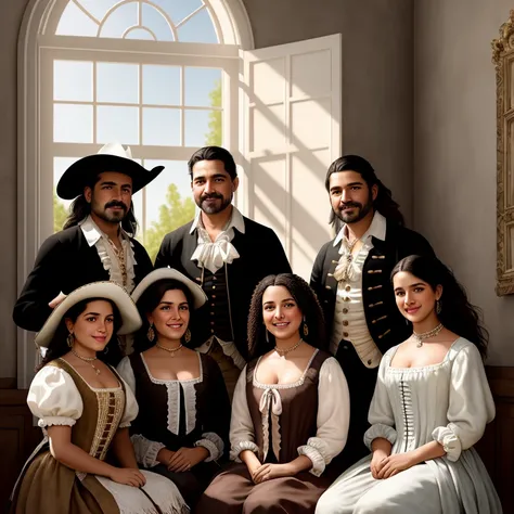 style of a realistic painting, a group of (1740s Mexican ranchers) sitting next to each other in a (Baroque style house), inspired by jessica rossier, richly detailed, morning detail, procreate 2 0 2 2, smiles, inside, different faces, different skin colors, different hair styles, dreamy and detailed, by Alexander Litovchenko, kittens, family each with different faces, superb detail 8k, realistic cute painting, portrait, smiling!! fantasy, photo-realism, soft blush, in style of atey ghailan, innocence, smiling sweetly, rays of sunlight filtered through the window, symmetrical eyes, human faces, highly detail eyes, highly detail mouth, highly detailed face, perfect eyes, spring day