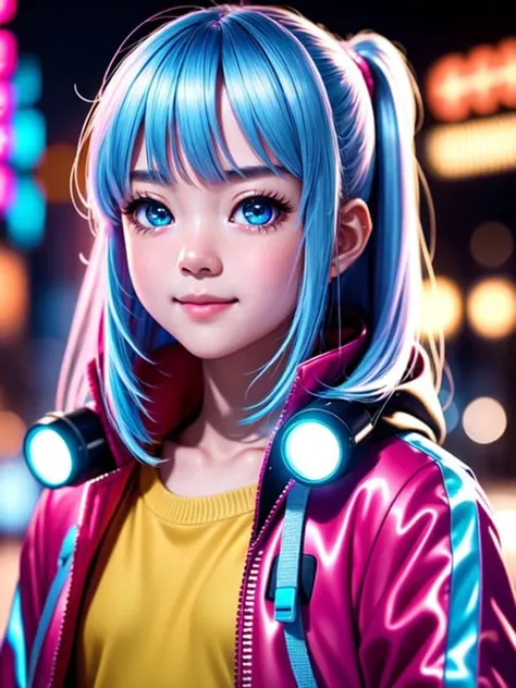 masterpiece, best quality, half body, portrait, night city, 1girl, anime, 3D, Japan, pixar, realistic, teen girl, smiling, cute face, harajuku fashion style, rain coat, beautiful, colourful, neon lights, cyberpunk, smooth skin, illustration, artstation, painting by stanley artgerm lau, sideways glance, foreshortening, extremely detailed 8K, smooth, high resolution, ultra quality, highly detail eyes, highly detail mouth, highly detailed face, perfect eyes, both eyes are the same, true light, glare, Iridescent, Global illumination, real hair movement, real light, real shadow, real face, hd, 2k, 4k, 8k, 16k, realistic light, realistic shadow, bright Eyes, fluorescent eyes, soft light, dream light