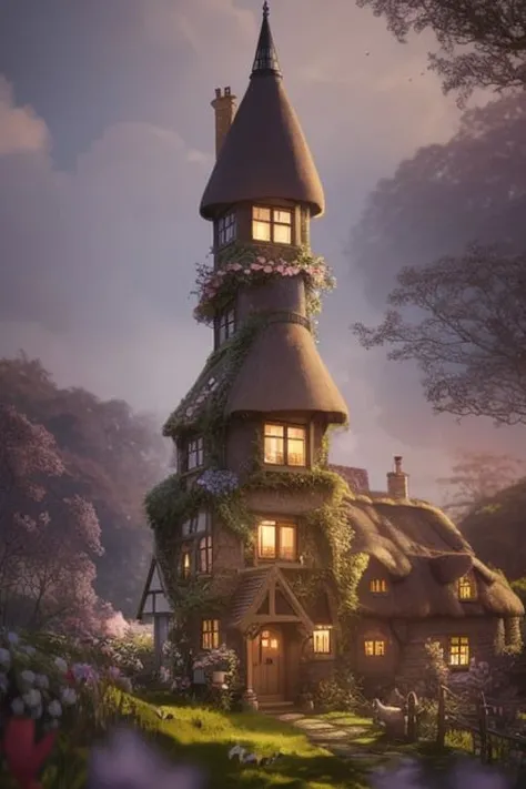 kids illustration, 1 fantasy overgrown english cottage with converted to (vertical tower:1.4), (chickens:0.5), moors, masterpiece, high quality, 2k, 4k, 8k, hd, pixiv. artstation, soft magical lighting, (golden hour:0.2), (bloom:1.4) intricate details, (realistic:0.4)