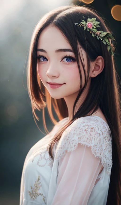 Cinematic film still, 1girl, standing, 18yo, pale skin, innocent smile, white stockings, ((detailed face)), (detailed skin), moist, intricate details, shallow depth of field, [volumetric fog], cinematic lighting, reflections, photographed on a Canon EOS R5, 50mm lens, F/2.8, HDR, 8k resolution