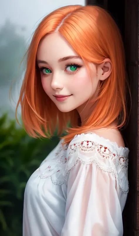Cinematic film still, 1girl, standing, 21yo, pale skin, innocent smile, white stockings, ((detailed face)), (detailed skin), moist, intricate details, shallow depth of field, [volumetric fog], cinematic lighting, reflections, photographed on a Canon EOS R5, 50mm lens, F/2.8, HDR, 8k resolution, full body, aged down, orange hair, green eyes,
