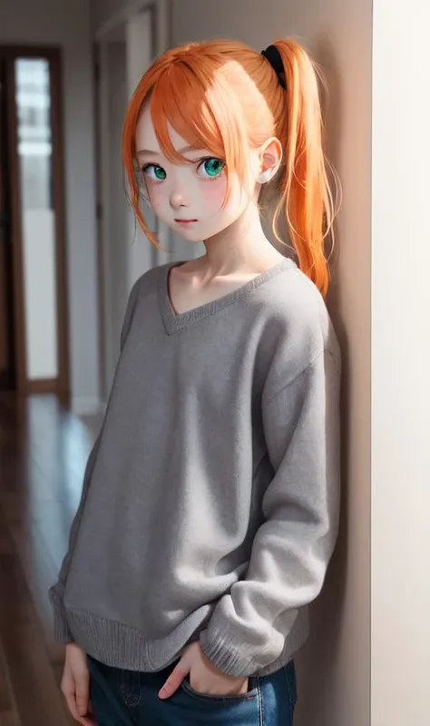 1girl, standing, 14yo, nude, orange hair, green eyes, side ponytail, shy face