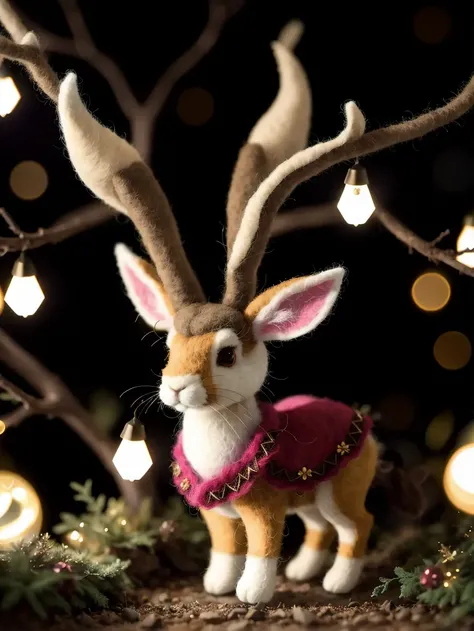 beautiful portrait of cute jackalope in the middle of magical forrest at night, magic lights, sparkles, felt, felted, fuzzy, handmade, handcrafted, plushie, doll, diorama, scene, close up, tilt shift, award winning photography, intricate details, insanely detailed, cinematic lighting, sharp focus, 85mm lens, unreal engine, octane render