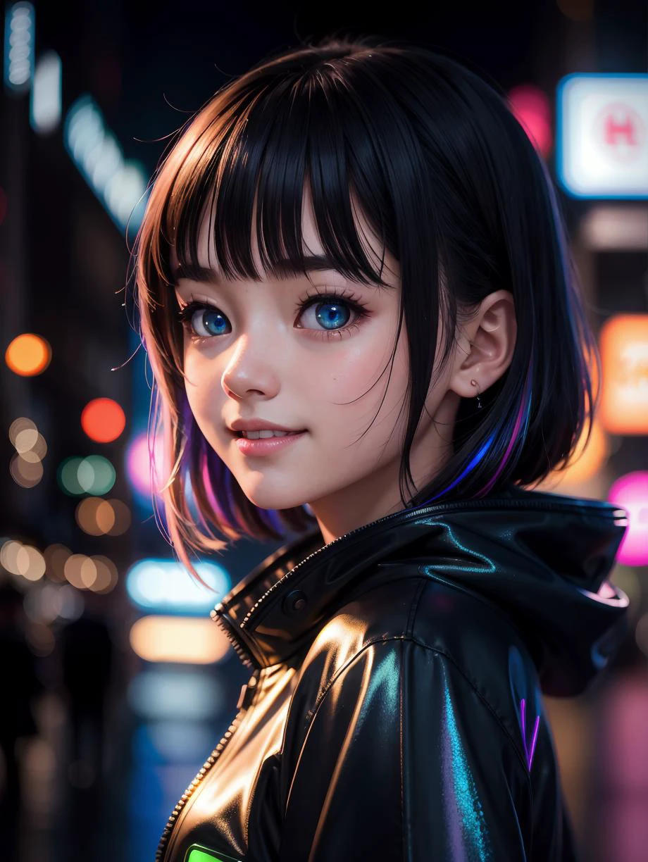 masterpiece, best quality, half body, portrait, night city, 1girl, anime, 3D, Japan, pixar, realistic, girl, smiling, cute face, harajuku fashion style, rain coat, beautiful, colourful, neon lights, cyberpunk, smooth skin, illustration, artstation, painting by stanley artgerm lau, sideways glance, foreshortening, extremely detailed 8K, smooth, high resolution, ultra quality, highly detail eyes, highly detail mouth, highly detailed face, perfect eyes, both eyes are the same, true light, glare, Iridescent, Global illumination, real hair movement, real light, real shadow, real face, hd, 2k, 4k, 8k, 16k, realistic light, realistic shadow, bright Eyes, fluorescent eyes, soft light, dream light