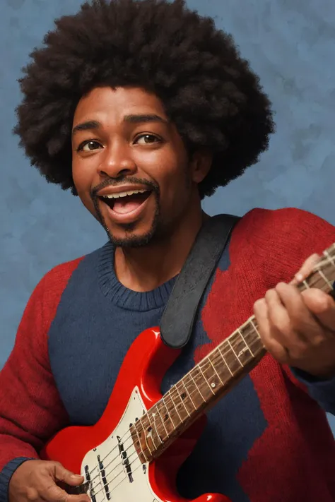 close-up photo portrait of a 45 yo african man, black afro hair, stubble, brown eyes, excited face expression, singing, red bass guitar, blue sweater, black bluesman, simple background
