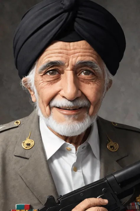 close-up photo portrait of a 80 yo aged Arab man, short grey hair, beard, black eyes, joyful face expression, turban, holding ak-47, military, simple background