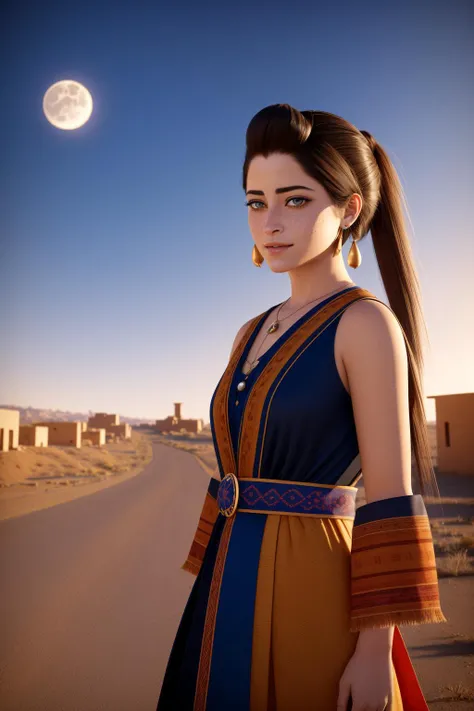 1girl, (by Dave Dorman:1.0) and (Elisa Breton:0.7) and (Clyfford Still:0.9) , good-looking Octane render, insane details, wide angle of a dressed in a very Uninspired Mustard traditional Regency Rubber Cold-shoulder top, Glittering Contemplative petite traditional Indonesian ([2B from Nier:Bella Swan:3]:1.3) , she is from the 1600's, she has a very radiant smile as a Valet, her hair is traditional [Artisanal|Navajo] and styled as Pigtails, she has a Satin traditional Sudanese tiger print Harness, Earring, from inside of a Emotionally Charged Uros Islands, desolate city street and Planetary ring in background, Moon in the night, Wide view, Surprising, Witchcore, Cold Lighting, 35mm, Vibrant Color, Dufaycolor Photograph, opulent, skin pores, freckles, adobe lightroom, unreal engine, surreal, fractal
