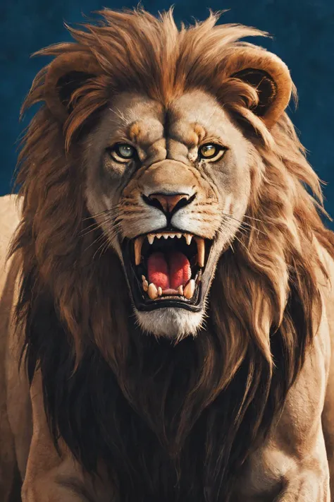 close-up photo portrait of a great red lion, blue eyes, very long lion's mane, roaring, open mouth, fangs, animal, no humans, simple background