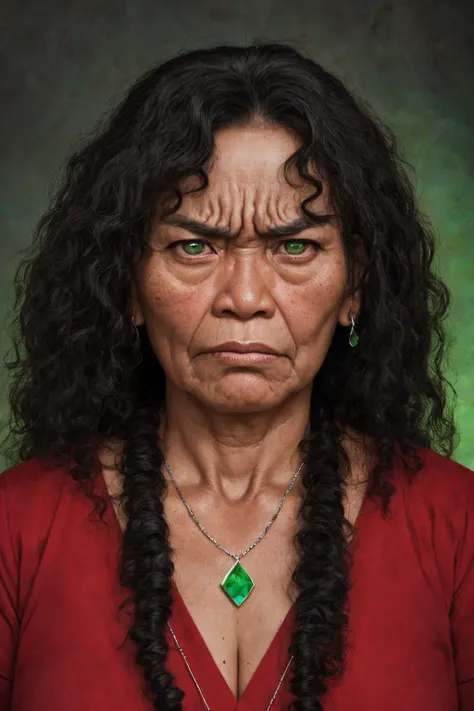 close-up photo portrait of a 60 yo samoan woman, black long curly hair, green eyes, angry face expression, chest red huge gem, necklace, chieftain, traditional, simple background
