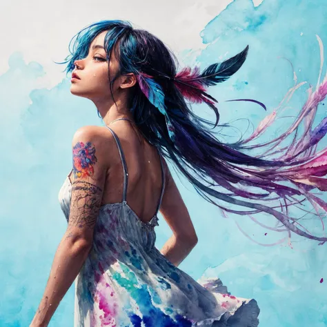 RAW photo, 8k uhd, Analog style, (Masterpiece, Best Quality, Highres:1.3), dramatic, cinematic, BREAK,
(watercolor painting:1.4) by (Agnes Cecile:1.2) of (slim:1.1) indian (girl:1.2) upper body from behind, (sundress made of feathers:1.3), cute face, (dynamic pose:1.1), (eyes:0.8), looking up, ((very long:1.1) flying blue hair:1.2) with (purple:1.1) (feather:1.4), (tattoo:1.3), (clouds, mountain, field:0.8), wind, ((colorful:1.1) watercolor blots background:1.3), (soft colors, fluid strokes, transparent layers:1.3), (hyperdetailed, absurdres, sketch:1.1), BREAK,
<lora:more_details:0.7>,