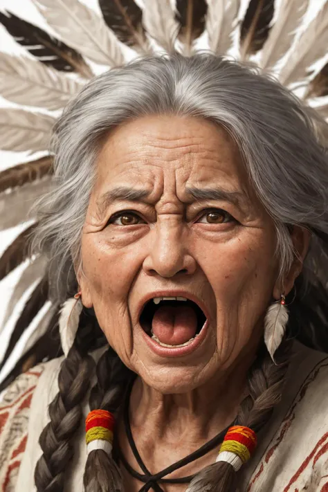 close-up photo portrait of a 100 yo old native american woman, grey hair, brown eyes, screaming face expression, twin braids, warbonnet, feathers, tribal, simple background