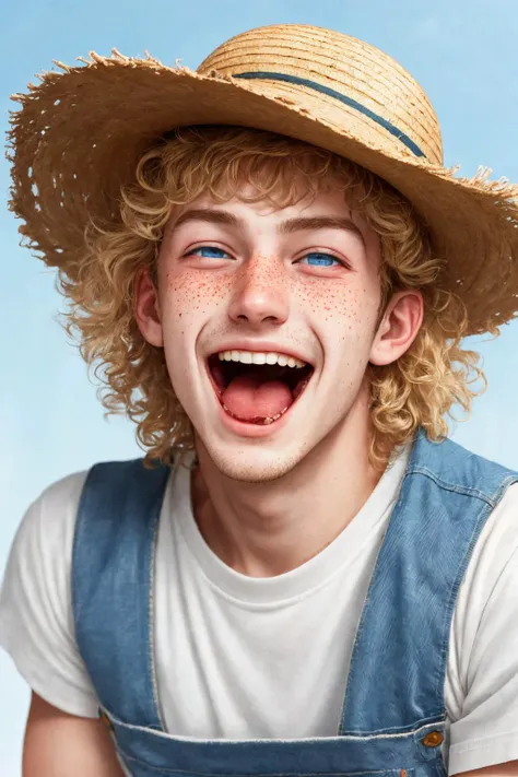 close-up photo portrait of a 20 yo european man, blond short curly hair, blue eyes, laughing face expression, freckles, denim overall, t-shirt, straw hat, farmer, simple background