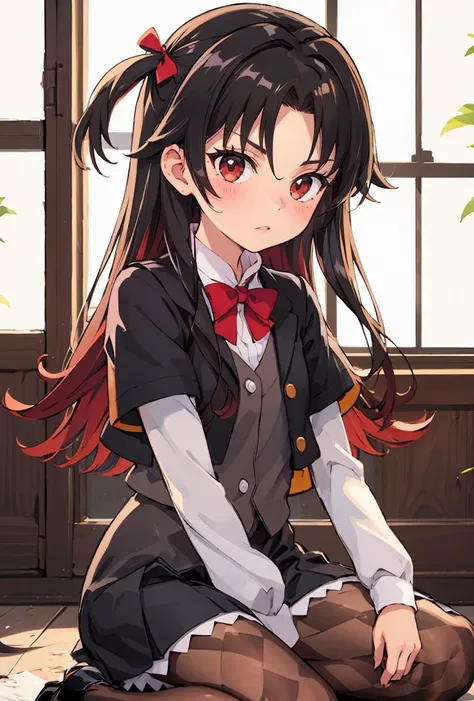 (masterpiece, best quality), 1girl, <lora:yashajin_ai:0.8> yashajin ai,long hair,multicolored hair,one side up,parted bangs,sidelocks,hair bow,jacket,black jacket,open jacket,red bowtie,vest,brown vest,shirt,white shirt,short sleeves,short over long sleeves,skirt,black skirt,pantyhose,brown pantyhose,argyle legwear,shoes,black footwear