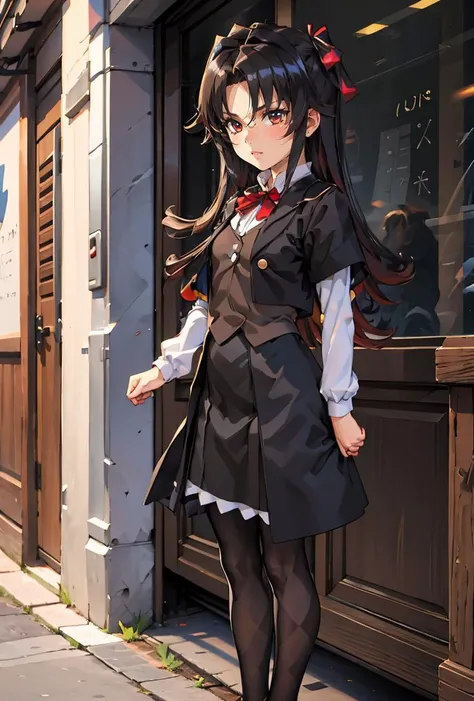 (masterpiece, best quality), 1girl, <lora:yashajin_ai:0.8> yashajin ai,long hair,multicolored hair,one side up,parted bangs,sidelocks,hair bow,jacket,black jacket,open jacket,red bowtie,vest,brown vest,shirt,white shirt,short sleeves,short over long sleeves,skirt,black skirt,pantyhose,brown pantyhose,argyle legwear,shoes,black footwear