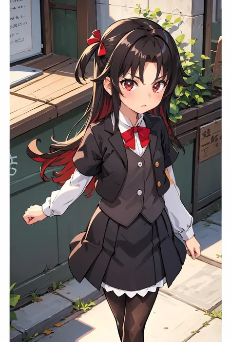 (masterpiece, best quality), 1girl, <lora:yashajin_ai:0.8> yashajin ai,long hair,multicolored hair,one side up,parted bangs,sidelocks,hair bow,jacket,black jacket,open jacket,red bowtie,vest,brown vest,shirt,white shirt,short sleeves,short over long sleeves,skirt,black skirt,pantyhose,brown pantyhose,argyle legwear,shoes,black footwear