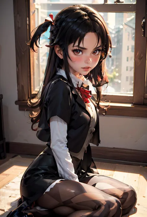 (masterpiece, best quality), 1girl, <lora:yashajin_ai:0.8> yashajin ai,long hair,multicolored hair,one side up,parted bangs,sidelocks,hair bow,jacket,black jacket,open jacket,red bowtie,vest,brown vest,shirt,white shirt,short sleeves,short over long sleeves,skirt,black skirt,pantyhose,brown pantyhose,argyle legwear,shoes,black footwear