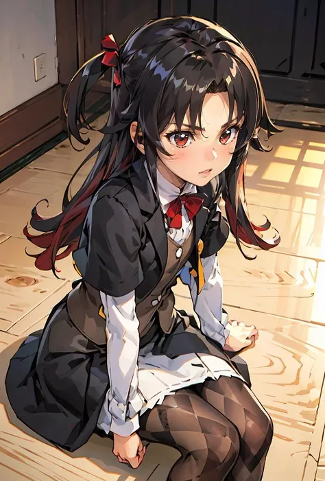(masterpiece, best quality), 1girl, <lora:yashajin_ai:0.8> yashajin ai,long hair,multicolored hair,one side up,parted bangs,sidelocks,hair bow,jacket,black jacket,open jacket,red bowtie,vest,brown vest,shirt,white shirt,short sleeves,short over long sleeves,skirt,black skirt,pantyhose,brown pantyhose,argyle legwear,shoes,black footwear