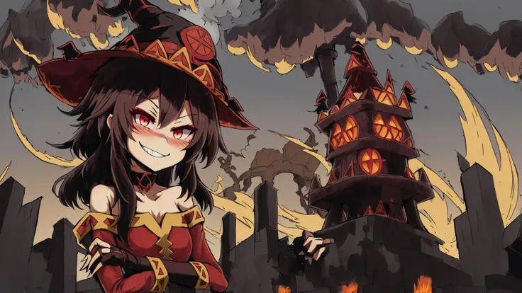 looking at viewer, grin, sharp teeth, standing, crossed arms, v-shaped eyebrows, BREAK, destruction, broken building in background, fire, mushroom cloud, nuclear weapon, <lora:ttgl-eyecatch-original:0.8> eyecatch, <lora:DisasterGirlMeme:0.8> IncrsDisasterGirlMeme, fire, smile, outdoors <lora:Megumin:0.8> megumin, kono subarashii sekai ni shukufuku wo!, 1girl, solo, hat, witch hat, brown hair, short hair with long locks, red eyes, black choker, flat chest, off-shoulder dress, dress, red dress, long sleeves, black gloves, fingerless gloves