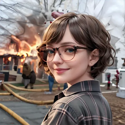 <lora:bzl:0.7>, <lora:disastergirl:1.0>, bzl_test, IncrsDisasterGirlMeme, fire, smile, outdoors, looking over shoulder, brown curly bob haircut, (grey|green|blue) eyes, wearing glasses and flannel shirt || masterpiece, perfect quality, sharp focus, shallow depth of field, 8k