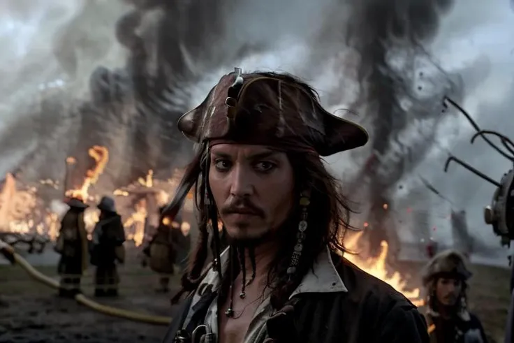 <lora:DisasterGirlMeme:0.9> incrsdisastergirlmeme, fire, smile, outdoors, <lora:jack_sparrow_offset:0.7> jack sparrow, pirate, johnny depp, RAW, raw photo, best quality, realistic, realistic lighting, highres, highly detailed, ultra high res, 8k uhd