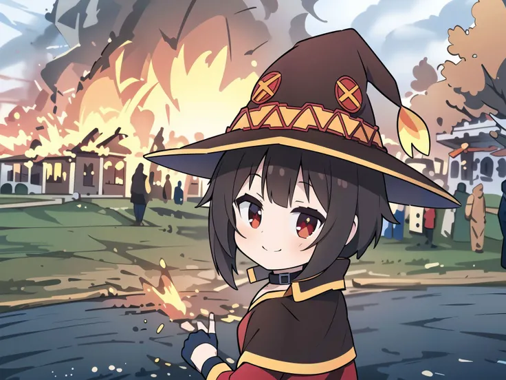 ((masterpiece)), (best quality, highres), 1girl, from behind, looking at viewer, explosion, <lora:DisasterGirlMeme:1>, IncrsDisasterGirlMeme, fire, smile, outdoors, <lora:Megumin-KJ:1>, Megu-KJ, Megu hat, megu dress, megu cape, collar, gloves