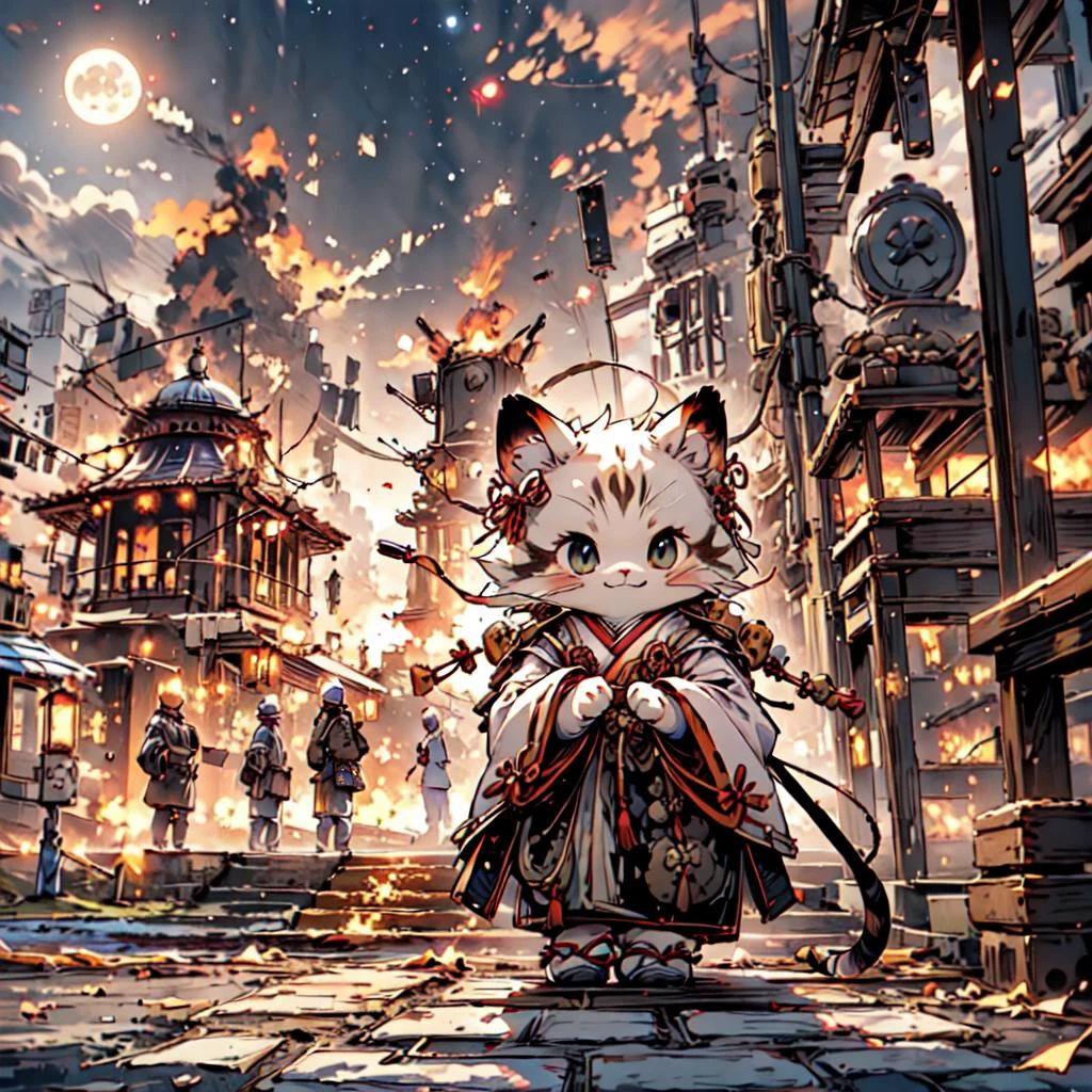 <lora:maomi:0.75> , film quality, a cat, kitty , solo , maomi, chibi,cute,(full body:1.35), soft light, detailed(glow , shadow), dynamic posture, hair pin, hanfu,
BREAK(beautiful detailed nose, beautiful detailed eyes, perfect anatomy),
BREAK(<lora:DisasterGirlMeme:1>, (fire, flame, burn):1.1, (evil smile), grin, smug , outdoors, IncrsDisasterGirlMeme)
BREAK(<lora:cozy animation scenes_20230824111332:0.4>, PIXIV,cozy animation scenes, scenery, outdoors, detailed wood temple, wide view, starry night, moon,),
<lora:more_details:0.5>, extremely detailed, CG, 8k Amazing, finely detail, (masterpiece:2.0, best quality), (intricate details, depth of field), <lora:bf1:0.45>, no humans,