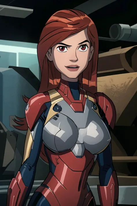 masterpiece, ((best quality)), ((highly detailed)),((detailed eyes, deep eyes)), ((1girl:1.2,solo:1.2)), ((large breasts:1.3)), gwentennyson:1.2 , Iron man suit, comic armor,long hair,beautiful hair, red hair, breasts, bodysuit, smile,, red eyes, teeth, red bodysuit, armor, bangs, large breasts, lips, upper body, blurry background(masterpiece:1.1),(best_quality:1.1, ultra high res,4K,ultra-detailed:1.2), (vibrant_color:1.2) (Beautiful,huge_Breasts:1.2) <lora:gwentennyson:0.9>