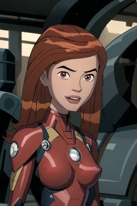 ASCIImasterpiece, ((best quality)), ((highly detailed)),((detailed eyes, deep eyes)), ((1girl:1.2,solo:1.2)), ((large breasts:1.3)), gwentennyson:1.2 , Iron man suit, comic armor, solo, red hair, breasts, bodysuit, smile, short hair, red eyes, teeth, red bodysuit, armor, bangs, large breasts, lips, upper body, blurry background(masterpiece:1.1),(best_quality:1.1, ultra high res,4K,ultra-detailed:1.2), (vibrant_color:1.2) (Beautiful,huge_Breasts:1.2) <lora:gwentennyson:0.9>