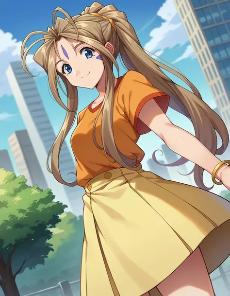 score_9, score_8_up, score_7_up, source_anime,
belldandy, <lora:belldandy-ponyxl-lora-nochekaiser:1>,
belldandy, long hair, blue eyes, brown hair, facial mark, forehead mark, smile,
shirt, orange shirt, short sleeves, belth, skirt, yellow skirt, bracelet,
outdoors, cityscape,
looking at viewer, cowboy shot, dynamic pose, dutch angle,
