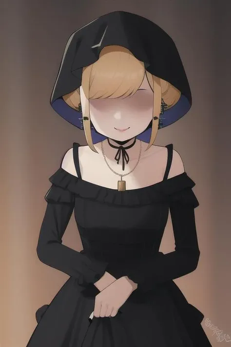 1girl, solo
BREAK <lora:faceless_v1-000010:1.2> faceless, no eyes
BREAK smile
BREAK cowboy shot 
BREAK <lora:alicetest:0.8> alice lendrott, blonde hair, blue eyes, swept bangs, sidelocks, black dress, black headwear, black nails, black ribbon, bonnet, choker, cleavage, collarbone, cross, cross earrings, dress, earrings, frilled dress, frills, gold necklace, jewelry, maid, neck ribbon, necklace, ribbon, ribbon choker,