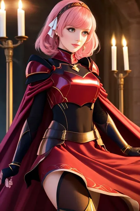 beautiful woman, Elegant twirl , Candlelit Dinner, <lora:Lapis_FE-10:0.7>, lapis fe bangs skirt gloves braid hairband parted_lips black_gloves pink_eyes cape armor red_skirt shoulder_armor breastplate,, extremely detailed 4k UHD , highly detailed, sharp focus, perspective