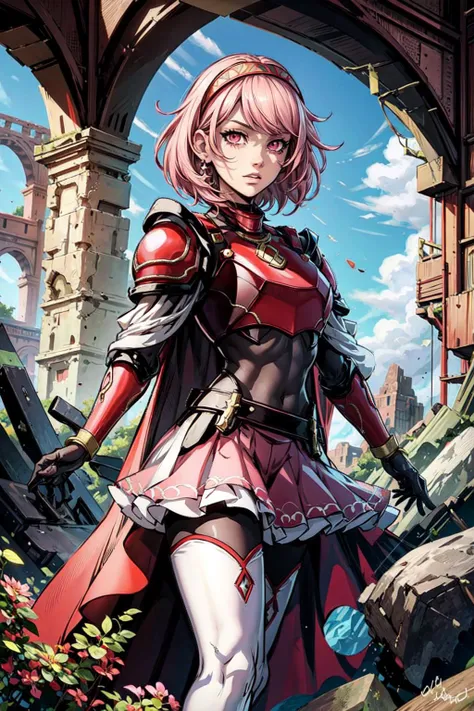 thick outlines, comics, photorealistic, perfect hands, masterpiece:1.2, 1girl, solo, standing, <lora:Lapis_def:0.7>, lapis_def, short hair, pink hair, red eyes, white thigh highs, cape, red skirt, red armor, colosseum, rocks, sand, detailed face, detailed eyes, <lora:add_detail:0.7>