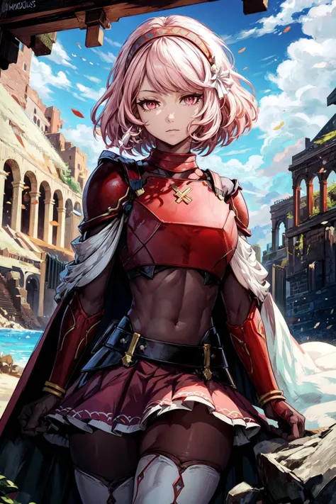 thick outlines, comics, photorealistic, perfect hands, masterpiece:1.2, 1girl, solo, standing, <lora:Lapis_def:0.7>, lapis_def, short hair, pink hair, red eyes, white thigh highs, cape, red skirt, red armor, colosseum, rocks, sand, detailed face, detailed eyes, <lora:add_detail:0.7>