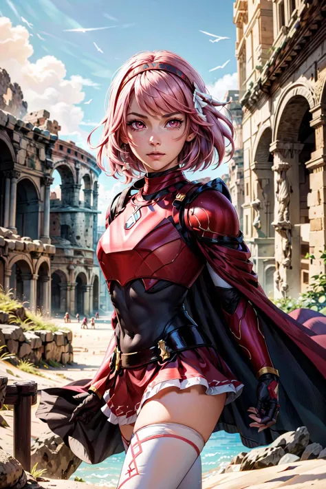 thick outlines, comics, photorealistic, perfect hands, masterpiece:1.2, 1girl, solo, standing, <lora:Lapis_def:0.7>, lapis_def, short hair, pink hair, red eyes, white thigh highs, cape, red skirt, red armor, colosseum, rocks, sand, detailed face, detailed eyes, <lora:add_detail:0.7>