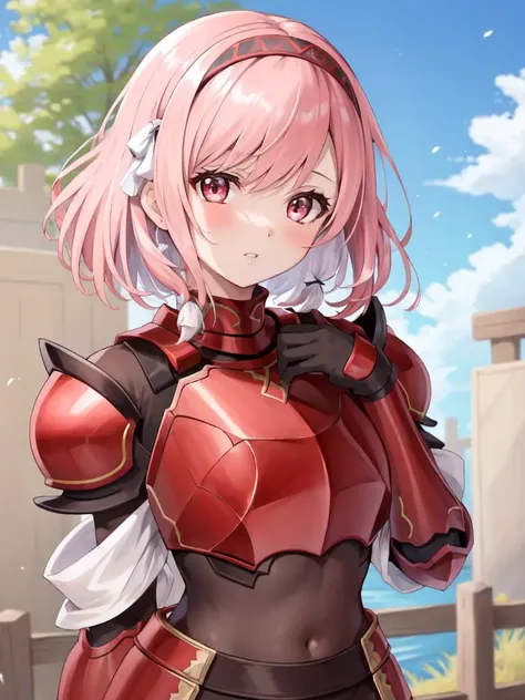 <lora:Lapis_FE-10:0.6>, lapis fe, 1girl, solo, looking at viewer, blush, bangs, gloves, upper body, braid, hairband, outdoors, parted lips, sky, day, hand up, pink eyes, armor, tree, covered navel, blurry background, hand on own chest, shoulder armor, side braid, breastplate, red armor