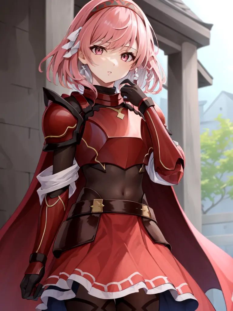 <lora:Lapis_FE-10:0.8>, lapis fe, 1girl, solo, looking at viewer, bangs, skirt, gloves, braid, cowboy shot, hairband, parted lips, black gloves, pink eyes, cape, armor, red skirt, shoulder armor, side braid, hand in own hair, breastplate