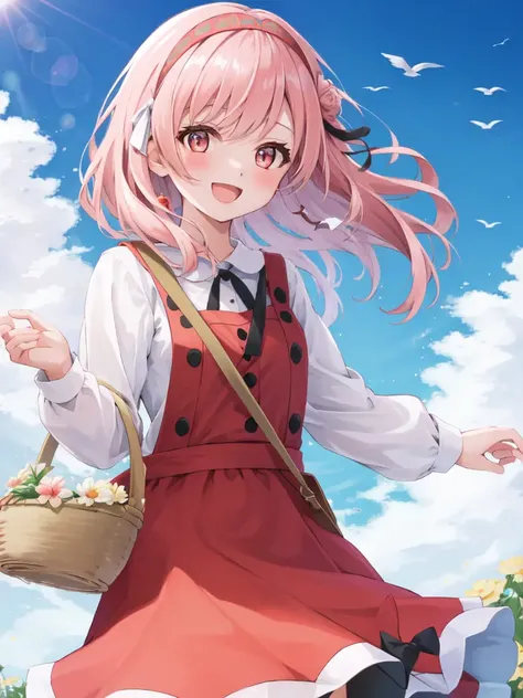 <lora:Lapis_FE-10:0.6>, 1girl, solo, looking at viewer, blush, smile, open mouth, bangs, shirt, long sleeves, dress, ribbon, holding, brown eyes, white shirt, hairband, outdoors, sky, day, cloud, bag, blue sky, bird, red dress, cloudy sky, basket, pinafore dress