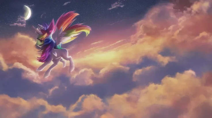 pony girl, rainbow dash photo, 8k, sharpness, sunset big moon giant, moon sky, galax, stars, furry, fur, hair, realistic, cloud, mars,