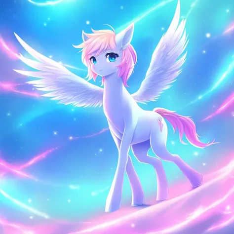 pony, pegaus, wings,, cute, anime style, 4legs, 8k, raytraysing, neon