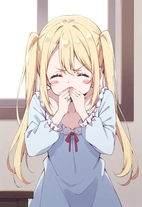 score_9, score_8_up, score_7_up, source_anime BREAK
amane lily, 1girl, blonde hair, solo, twintails, jewelry, closed eyes, ring, hair between eyes, sidelocks, blush, wedding band, blue dress, closed mouth, eyebrows visible through hair, :t, indoors, pout, facing viewer, table, leaning forward, = =, hand on own face, :i, hand up, hands up, frills, standing, pajamas, nightgown, frilled sleeves, window, collarbone, sitting, very long hair, praying, cowboy shot, v-shaped eyebrows, wedding ring, sliding doors, white dress, eyebrows behind hair, blue shirt, puffy cheeks, hand on own cheek, upper body, covering face, fingernails, covering eyes, grey dress, blush stickers, puffy long sleeves, hand to own mouth, eating, frilled dress, covering mouth, aged down, anime coloring
<lora:amane_lily_sdxl_locon_pony_v1:0.8>