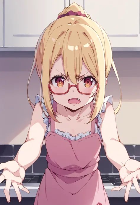 score_9, score_8_up, score_7_up, source_anime BREAK
amane lily, 1girl, blonde hair, solo, fang, open mouth, red-framed eyewear, looking at viewer, ponytail, long hair, collarbone, under-rim eyewear, upper body, hair between eyes, v-shaped eyebrows, bare shoulders, red eyes, indoors, frills, sidelocks, :o, depth of field, eyelashes, pink apron, sleeveless, brown eyes, rose print, bespectacled, angry, frilled apron, eyebrows visible through hair, purple eyes, pink eyes, bow, frown, floral print, orange eyes, shiny hair, yellow eyes, blush, hair scrunchie, bare arms, multicolored eyes, anime coloring, dress, shirt, short hair, shiny, hair ornament, outstretched arms, small breasts, kitchen
<lora:amane_lily_sdxl_locon_pony_v1:0.8>