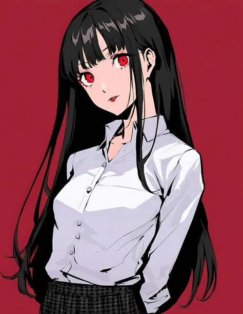 masterpiece,best quality,detailed,(very aesthetic),<lora:persona_style_xl_c:1>,1girl,high school student,skinny,bangs,black long hair,detailed hair,red eyes,medium_breasts,school_uniform,white_shirt,jacket,skirt,(black and red background),looking_at_viewer,confident,upper_body,long eyelashes,<lora:Hands_Behind_Back:1>,detailed eyes,beautiful eyes,