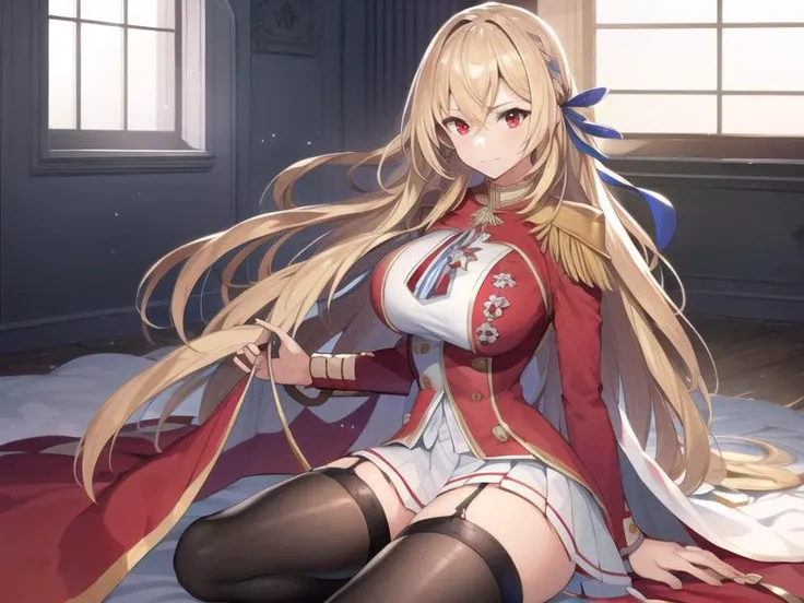 (hyper extreme detailed),(masterpeace),(hyper extreme),(photorealistic),CG,(colour:1.2), beautiful lighting,light from the front,solo,view straight on,indoor for castle, <lora:king_george_v:0.9>,king_george_v,blonde hair, long hair, red eyes,blue hair ribbon,red dress,white miniskirt, thigh strap, stocking,