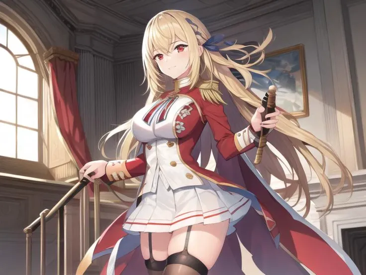 (hyper extreme detailed),(masterpeace),(hyper extreme),(photorealistic),CG,(colour:1.2), beautiful lighting,light from the front,solo,view straight on,indoor for castle, <lora:king_george_v:0.9>,king_george_v,blonde hair, long hair, red eyes,blue hair ribbon,red dress,white miniskirt, thigh strap, stocking,