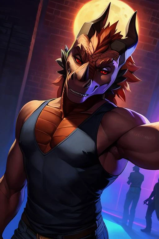<lora:KaneDragon:0.9>, KaneDragon, Kane, anthro, male, solo, moon, hi res, clothing, looking at viewer, shirt, eyewear, ((muscular male)), topwear, teeth, muscular, black muscle shirt with gold trim, scalie, full moon, muscular anthro, brick wall, night, dragon, lights, by Faustsketcher, by Edouard Manet, by Adrian Ghenie , by Tsampikos , by Brian M. Viveros
solo male brown dragon with orange chest and (black claws) and ((black horns)) and ((clear red eyes)), ((portrait)), BREAK, (detailed Colin Campbell Cooper dragon), (detailed Bonifasko lighting), (detailed skin), BREAK,
((dance club background)), (cinematic lighting), ((detailed background)), ((looking at viewer)),
(((headshot))), [backlighting], [crepuscular ray], [detailed ambient light], [gray natural lighting], [ambient light on head], [realistic proportions], [sharp focus], (shaded), ((masterpiece)), BREAK