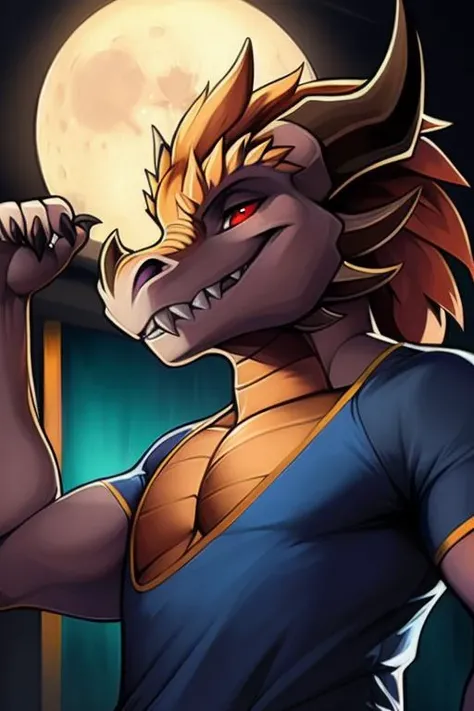 <lora:KaneDragon2:0.9>, KaneDragon, Kane, anthro, male, solo, moon, hi res, clothing, looking at viewer, shirt, eyewear, ((muscular male)), topwear, teeth, (muscular), bara, black muscle shirt with gold trim, scalie, full moon, muscular anthro, brick wall, night, dragon, lights, by Faustsketcher, by Edouard Manet, by Adrian Ghenie , by Tsampikos , by Brian M. Viveros
solo male brown dragon with orange chest and (black claws) and ((black horns)) and ((clear red eyes)), ((portrait)), BREAK, (detailed Colin Campbell Cooper dragon), (detailed Bonifasko lighting), (detailed brown skin), BREAK,
((dance club background)), (cinematic lighting), ((detailed background)), ((looking at viewer)),
(((headshot))), [backlighting], [crepuscular ray], [detailed ambient light], [gray natural lighting], [ambient light on head], [realistic proportions], [sharp focus], (shaded), ((masterpiece)), BREAK