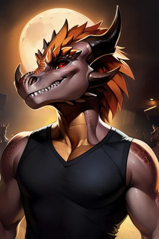 <lora:KaneDragon:0.9>, KaneDragon, Kane, anthro, male, solo, moon, hi res, clothing, looking at viewer, shirt, eyewear, ((muscular male)), topwear, teeth, (muscular), bara, black muscle shirt with gold trim, scalie, full moon, muscular anthro, brick wall, night, dragon, lights, by Faustsketcher, by Edouard Manet, by Adrian Ghenie , by Tsampikos , by Brian M. Viveros
solo male brown dragon with orange chest and (black claws) and ((black horns)) and ((clear red eyes)), ((portrait)), BREAK, (detailed Colin Campbell Cooper dragon), (detailed Bonifasko lighting), (detailed brown skin), BREAK,
((dance club background)), (cinematic lighting), ((detailed background)), ((looking at viewer)),
(((headshot))), [backlighting], [crepuscular ray], [detailed ambient light], [gray natural lighting], [ambient light on head], [realistic proportions], [sharp focus], (shaded), ((masterpiece)), BREAK
